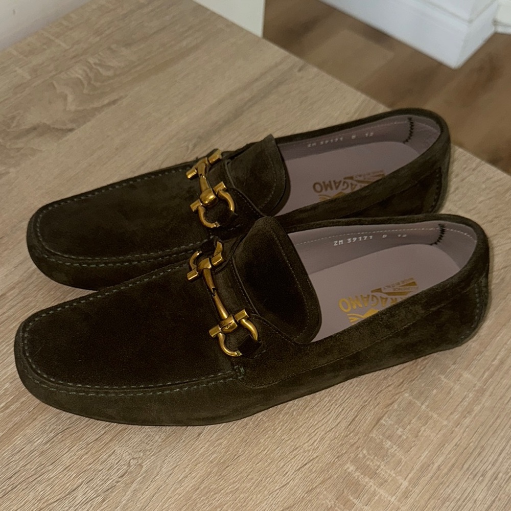 Salvatore Ferragamo Olive Suede Gancini Loafers with Gold Hardware